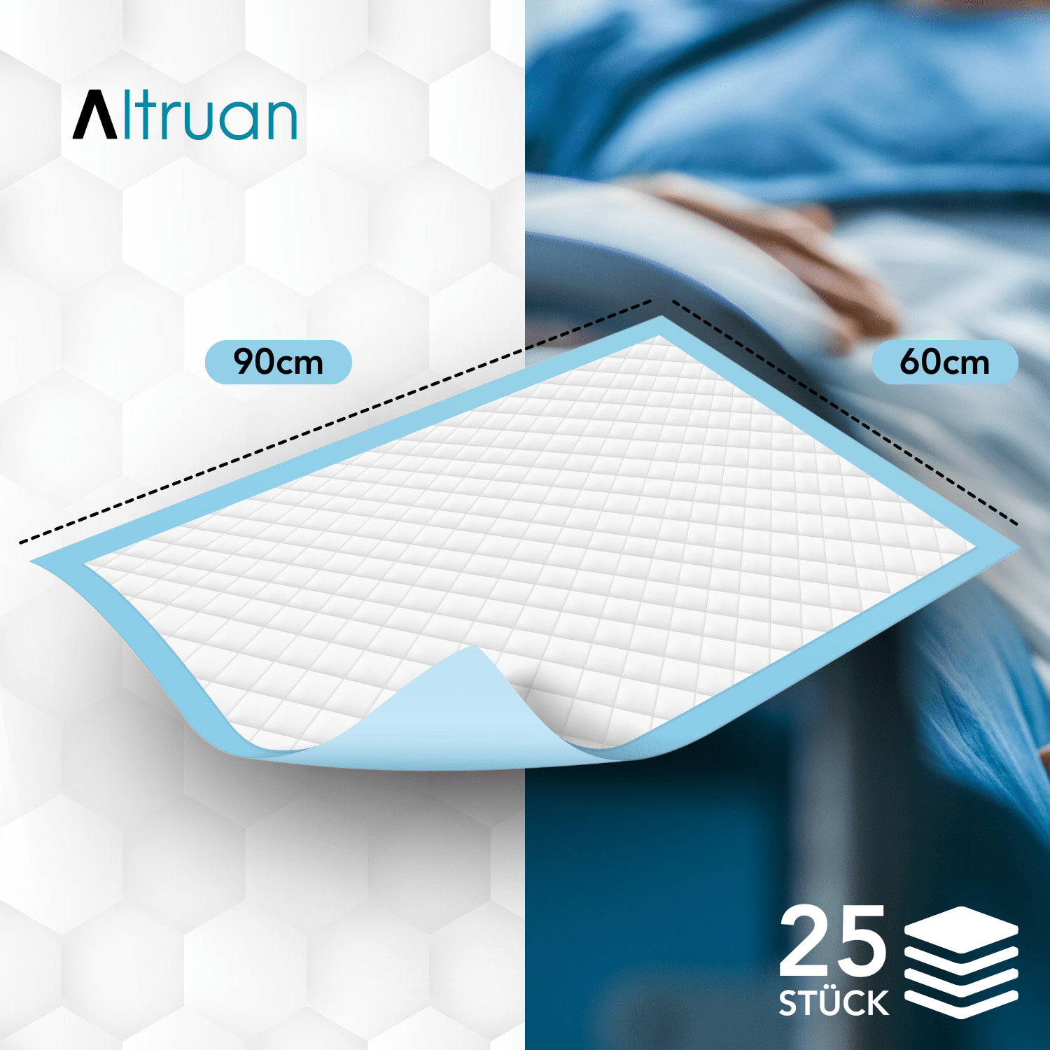 Altruflock® Bettschutzunterlagen 60 x 90cm Supersoft Extrem Saugfähig | Packung (25 Stück)