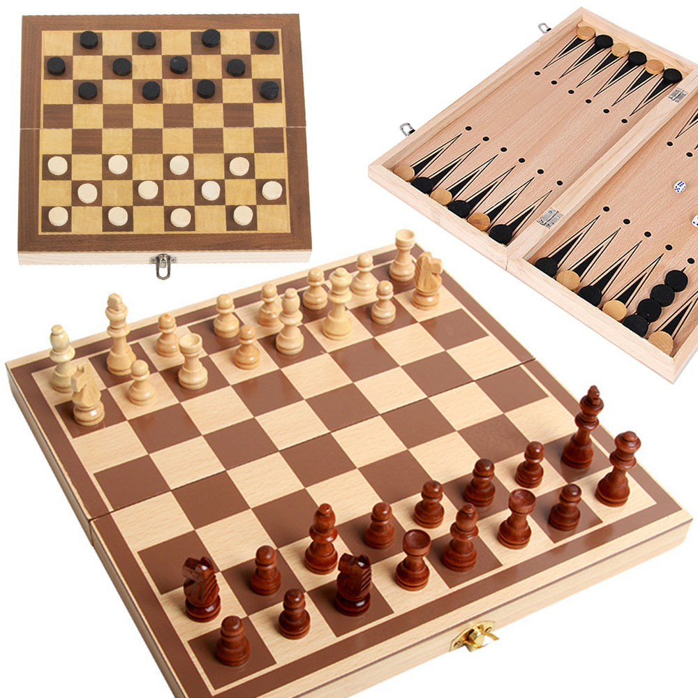 Schach, Dame, Backgammon, großes Holzspiel, 3-in-1