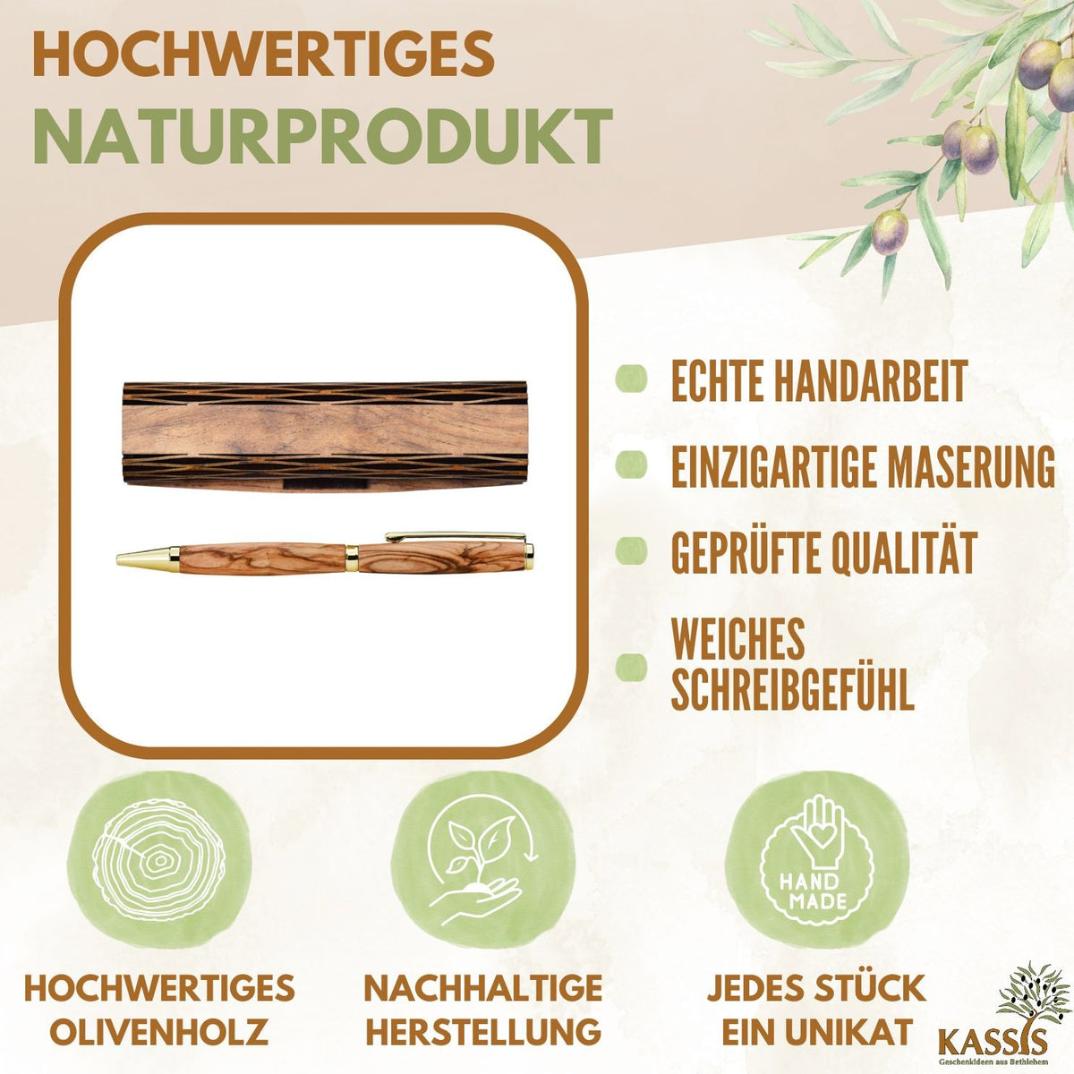 Kugelschreiber aus Olivenholz in Holzschachtel | Edles Schreibset als Geschenk für Büro, Geburtstag & Abschluss