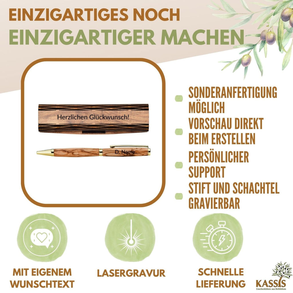 Kugelschreiber aus Olivenholz in Holzschachtel | Edles Schreibset als Geschenk für Büro, Geburtstag & Abschluss