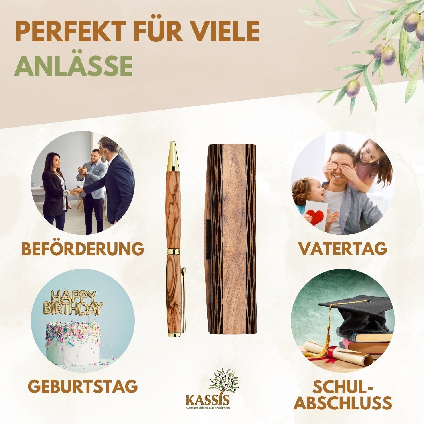 Kugelschreiber aus Olivenholz in Holzschachtel | Edles Schreibset als Geschenk für Büro, Geburtstag & Abschluss