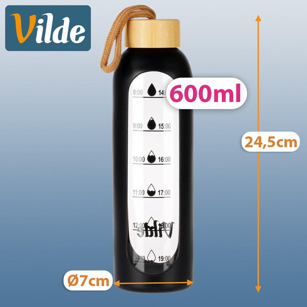 Glaswasserflasche mit Silikonüberzug - Schwarz 600ml